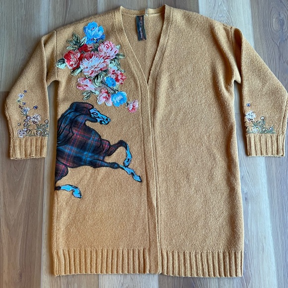 Aratta Silent Journey Cardigan Sweater Appliqué Horse Embroidered Open Front - Picture 10 of 12